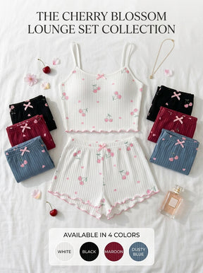 Cherry Print Ribbed Pajama Set | Lettuce Edge Cami Top & Shorts