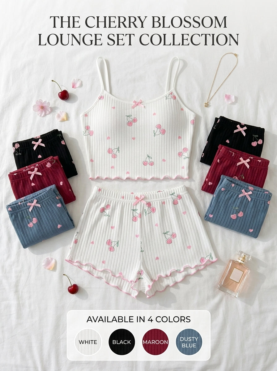 Cherry Print Ribbed Pajama Set | Lettuce Edge Cami Top & Shorts