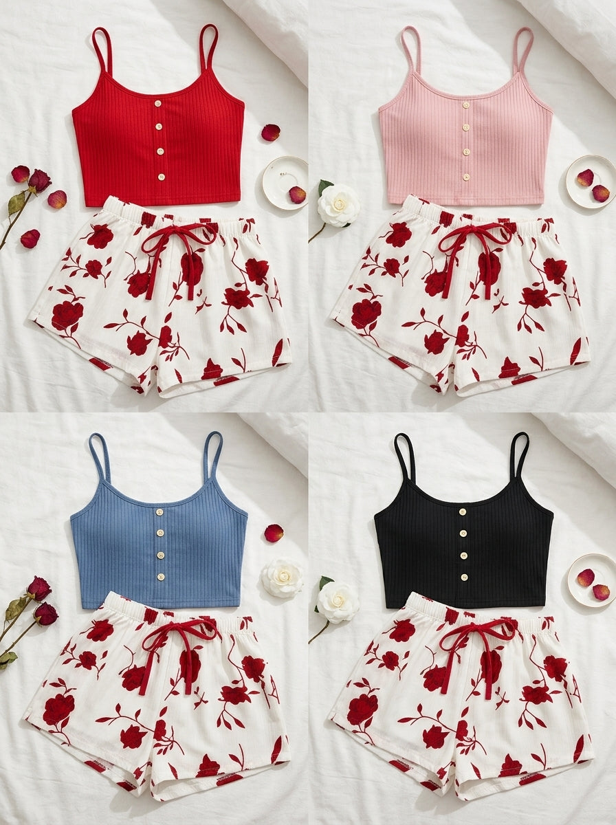 Ribbed Cami & Floral Shorts Pajama Set