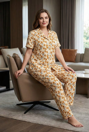 Ladies Floral Night Suit | 2 Piece Pajama Set (Cream Floral)