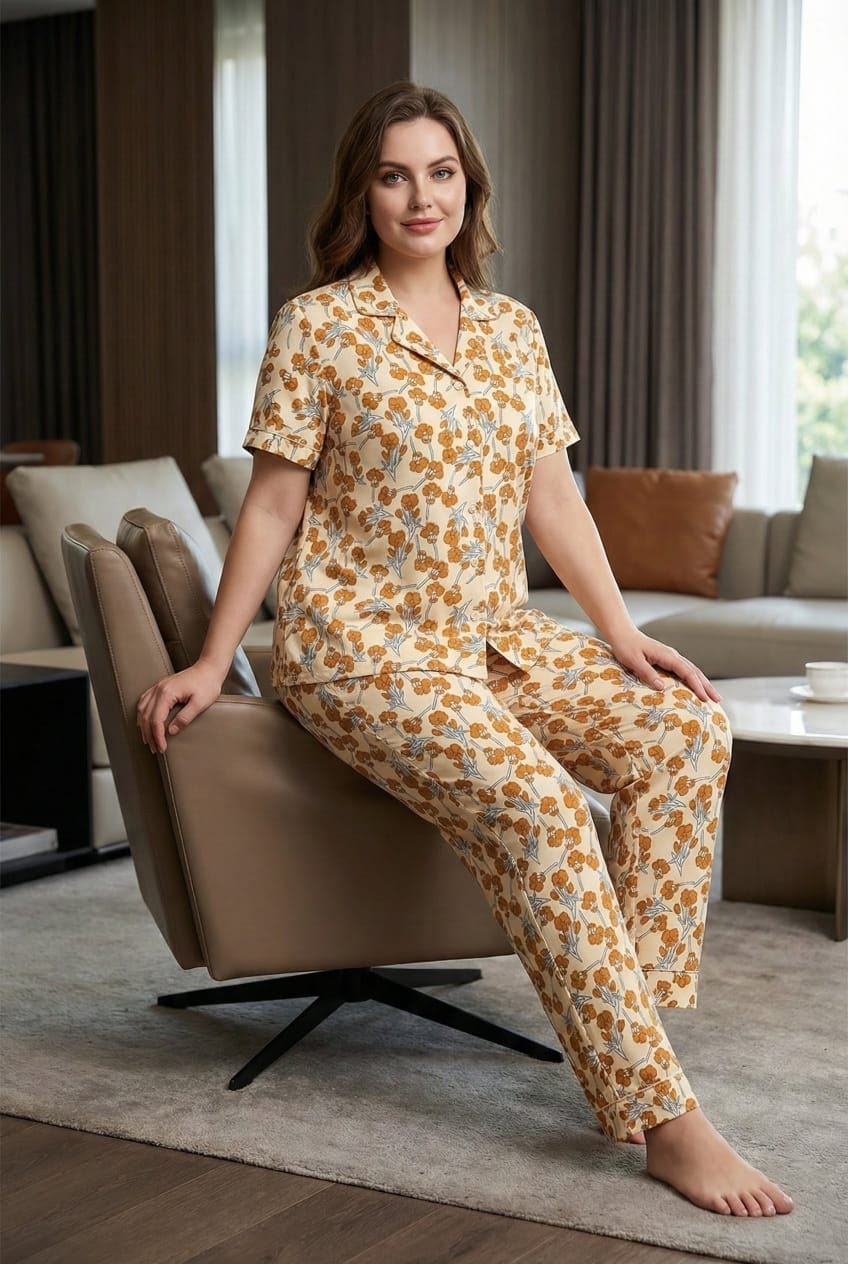 Ladies Floral Night Suit | 2 Piece Pajama Set (Cream Floral)