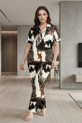 Ladies Leopard Mix Printed Night Suit | 2 Piece Pajama Set