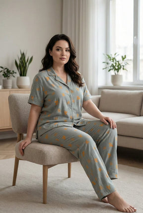 Women’s Sage Green Butterfly Print Pajama Set | 2PC Night Suit