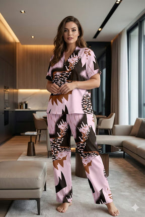 Ladies Luxury Pink Animal Print Satin Night Suit | 2 Piece Pajama Set