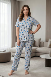 Women’s Light Grey 2-Piece Pajama Set | Printed Night Suit with Blue Swirl Pattern
