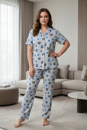 Women’s Light Grey 2-Piece Pajama Set | Printed Night Suit with Blue Swirl Pattern