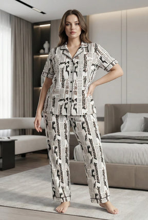 Women’s Bold Black & Brown Printed Night Suit – 2 Piece Satin Pajama Set