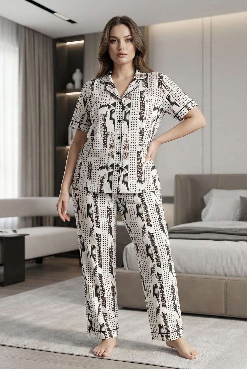 Women’s Bold Black & Brown Printed Night Suit – 2 Piece Satin Pajama Set
