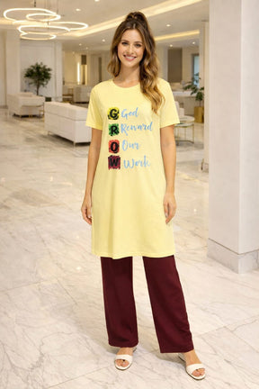 Women’s Motivational Yellow Nightwear Set | GROW Printed T-Shirt with Maroon Pants