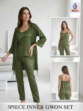 3-Piece Satin Lace Pajama Set | Olive Green Cami, Pants & Robe